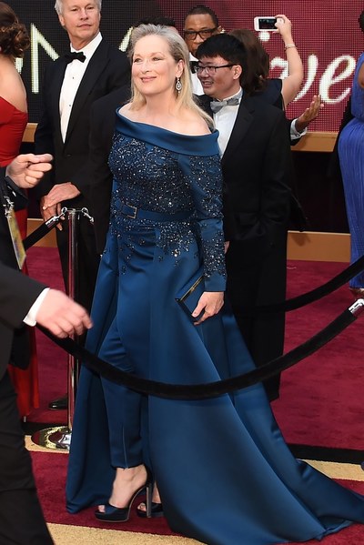 Meryl Streep se envolveu em polêmica e chegou usando vestido com muito pano